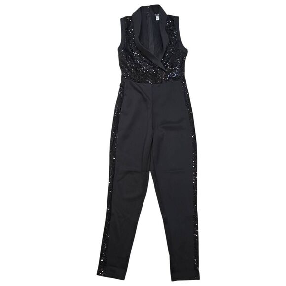 Venus Sequin Detail Tuxedo Jumpsuit Women's Medium Black Sleeveless Cocktail - Picture 2 of 8